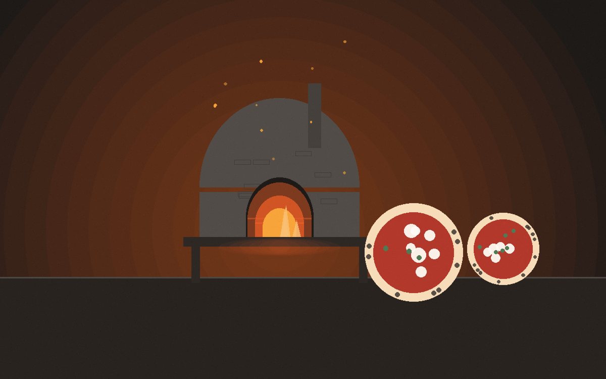 A small dome pizza oven glowing orange at the mouth on a patio at dusk, with sparks rising