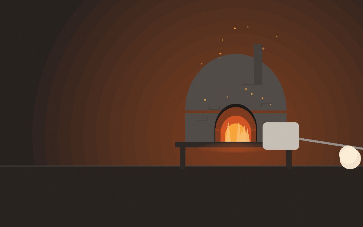 Flatbreads and a tray of vegetables in a pizza oven with the flame dying down