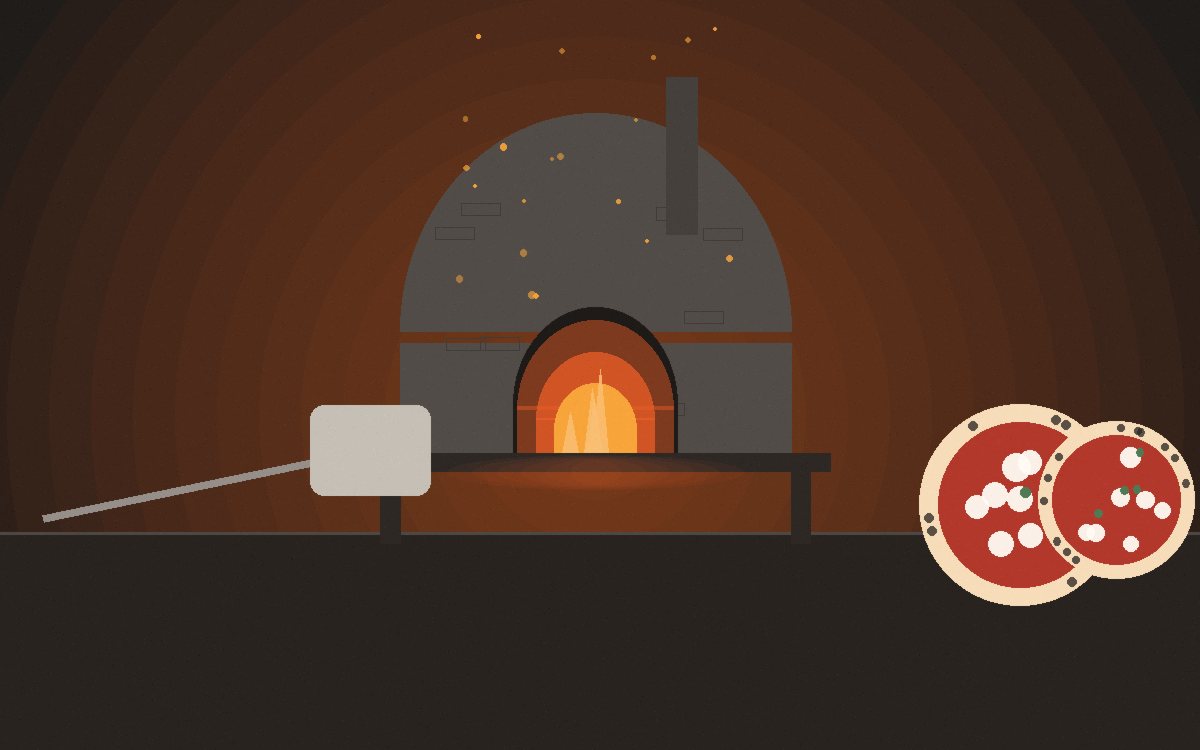 A pizza sliding off a peel into the mouth of a glowing oven
