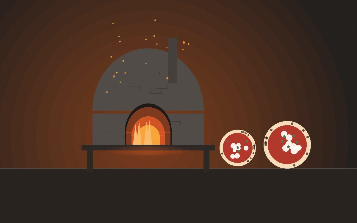 A turning peel under a pizza on the stone, rotating it away from the flame